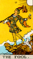 The fool in colorful motley clothes, pack tied to a staff, a small dog, a cliff.
